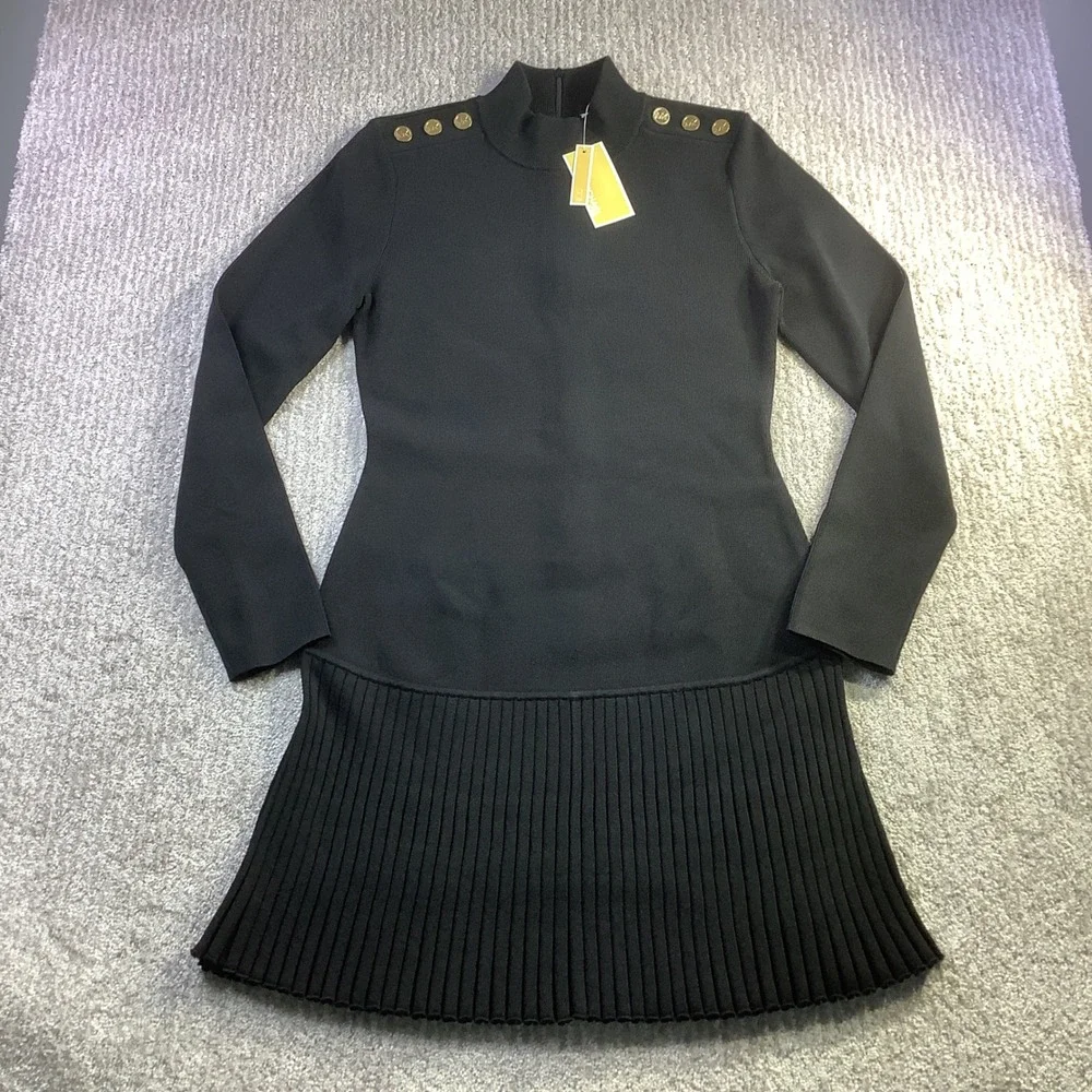 Michael Kors Black Pleated Knit Mock Neck Dress Gold Button Womens Size‎ L NWT